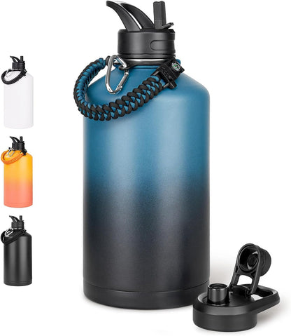 Fijinhom 24 oz Insulated Water Bottle with Handle, 304 Stainless Steel Water Bottles with Wide Mouth, Double Wall Vacuum Sports Water Bottle, BPA Free, Keep Cold and Hot, Black | with Handle