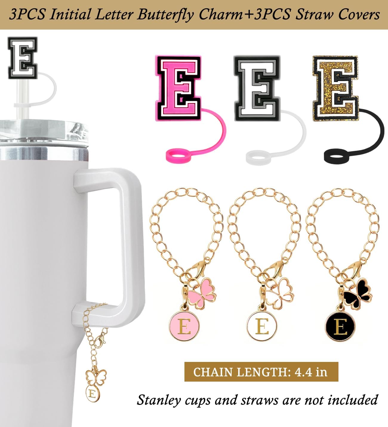 （3 +3) 3PCS Nuozme Straw Cover 10mm For Stanley Tumbler Cup Reusable Straw Cap Topper with 3 Initial Letter Charms Accessories Name ID Personalized Handle Charm For Stanley 30&40 Oz Cup Tumbler - Colors B