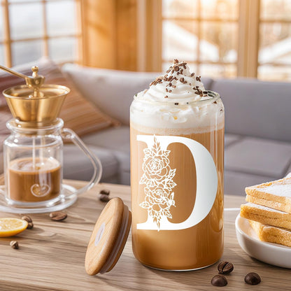Glass Cups with Lids and Straws: Personalized Initial Glass Cup Be Used As Reusable Iced Coffee Cups with Lids,Cute Matcha Tumbler - The Christmas/Birthday Gifts for Women - M Smoothie Cup