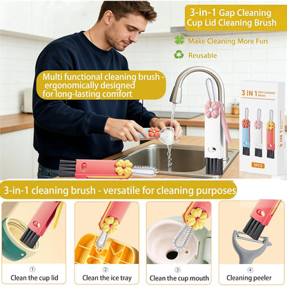 4 in 1 Cup Lid Cleaning Brush - Multifunctional Water Bottle Crevice Cleaning Brush, Portable Cup Lid Brush, Home Kitchen Crevice Brush Tools for Tiny Cup Lid Detail, Bottle Tight Spaces Cup (3 PCS)