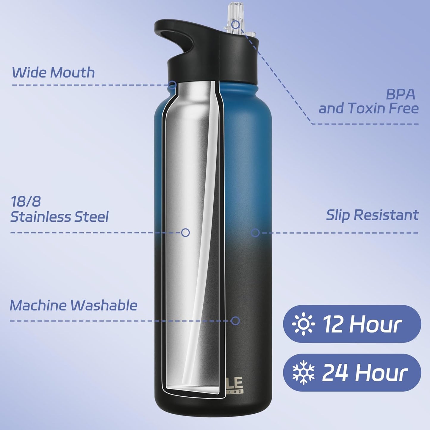 HASLE OUTFITTERS 32 oz Insulated Water Bottle Stainless Steel Double Walled Vacuum Sports Water Bottle with 2 Lids (Straw and Spout Lid) for Gym Camping Hiking(Black,1)