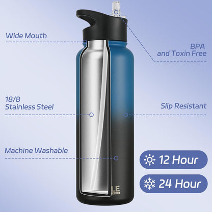 HASLE OUTFITTERS 32 oz Insulated Water Bottle Stainless Steel Double Walled Vacuum Sports Water Bottle with 2 Lids (Straw and Spout Lid) for Gym Camping Hiking(Black,1)