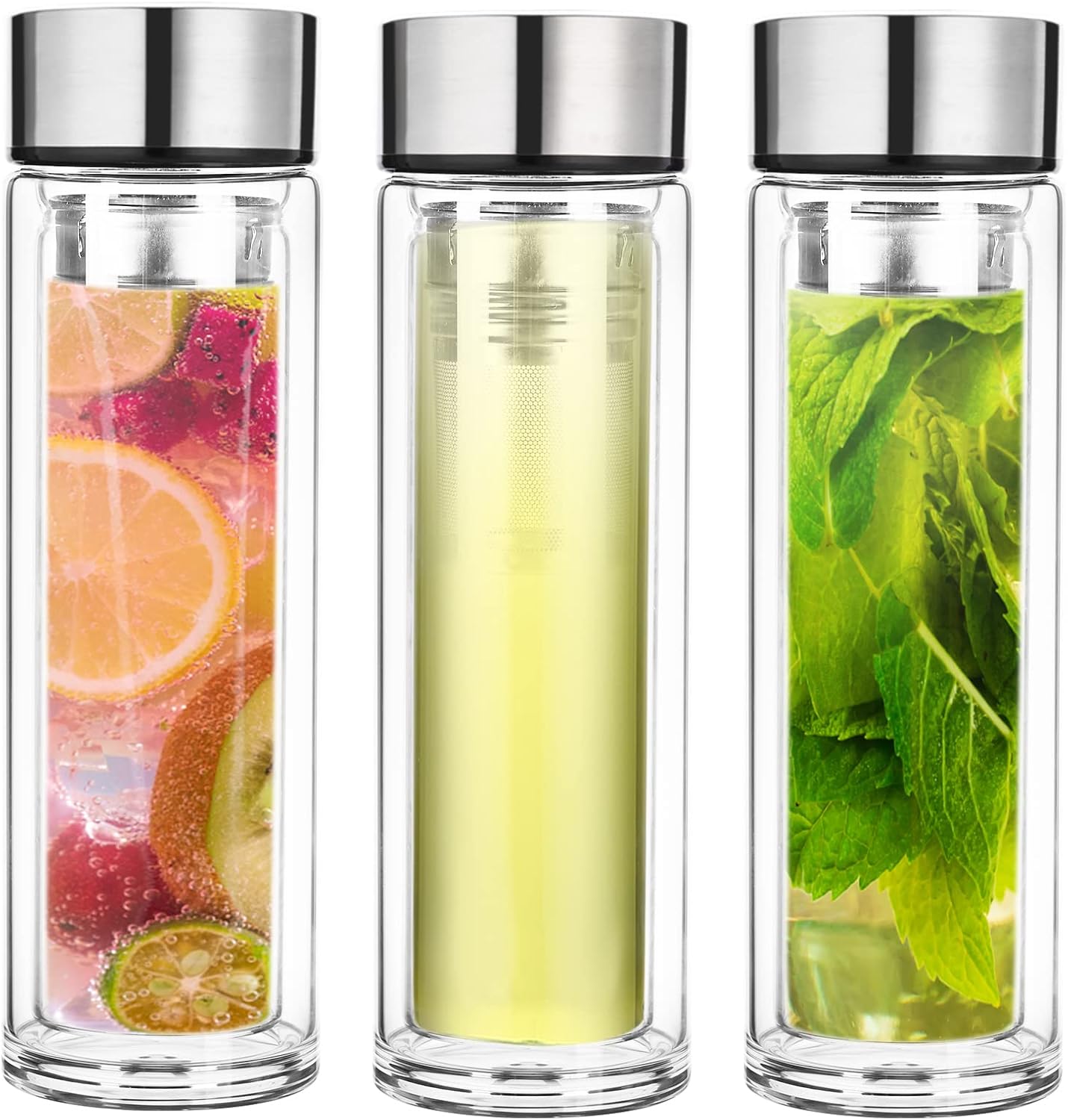 PARACITY Glass Tea Infuser Bottle Teas Flood Cup Double Wall Borosilicate Portable Travel Tumbler Mug Leakproof for Loose Leaf Flower Herbal Tea Bags 13 OZ/380ML (Silver)