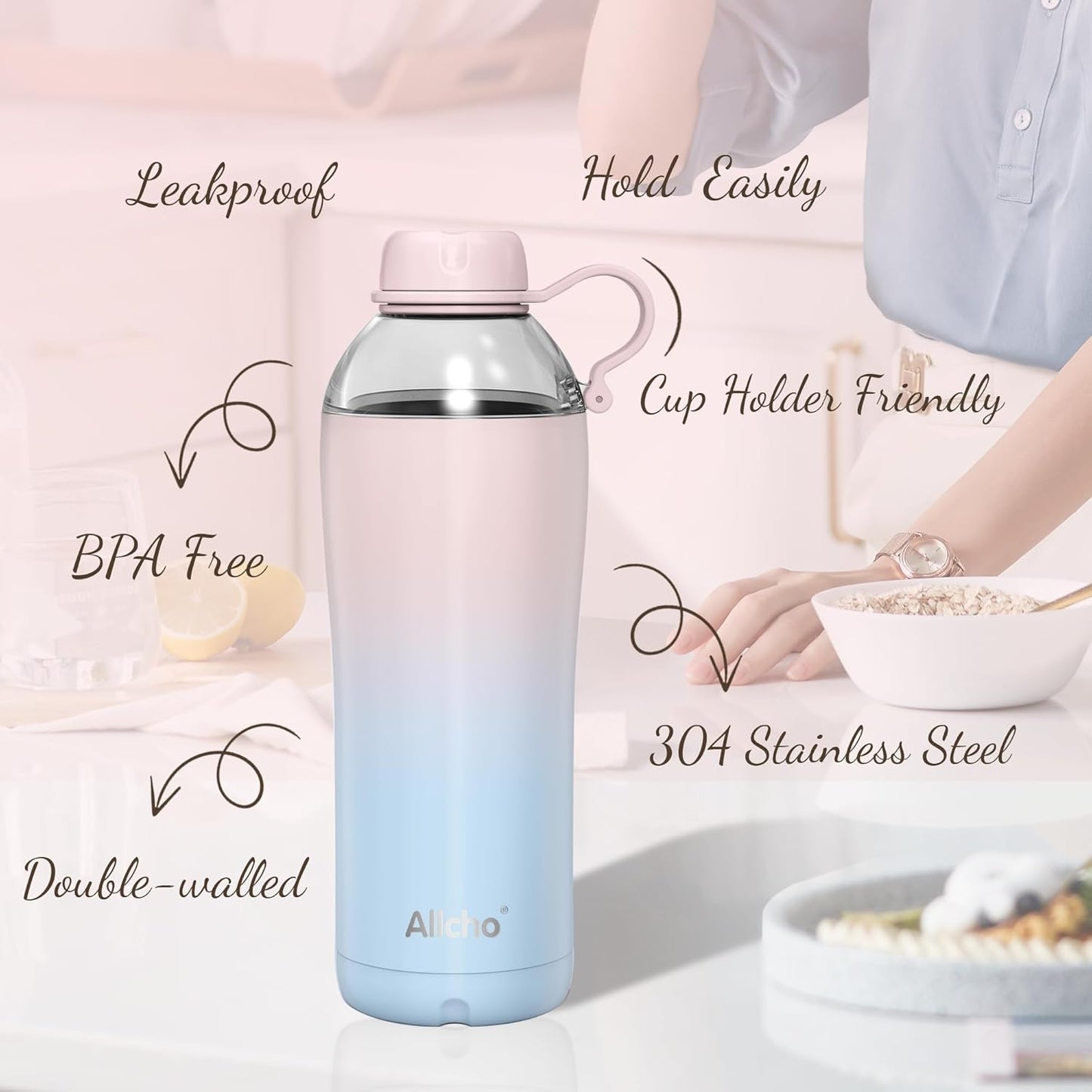 Allcho Insulated Water Bottle for Women, 18oz Stainless Steel Leak Proof Tumbler with 2 Lids, BPA-Free Tritan Chug & Straw Lid, Double Wall Vacuum Flask
