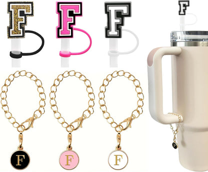 （3 +3) 3PCS Nuozme Straw Cover 10mm For Stanley Tumbler Cup Reusable Straw Cap Topper with 3 Initial Letter Charms Accessories Name ID Personalized Handle Charm For Stanley 30&40 Oz Cup Tumbler - Colors A