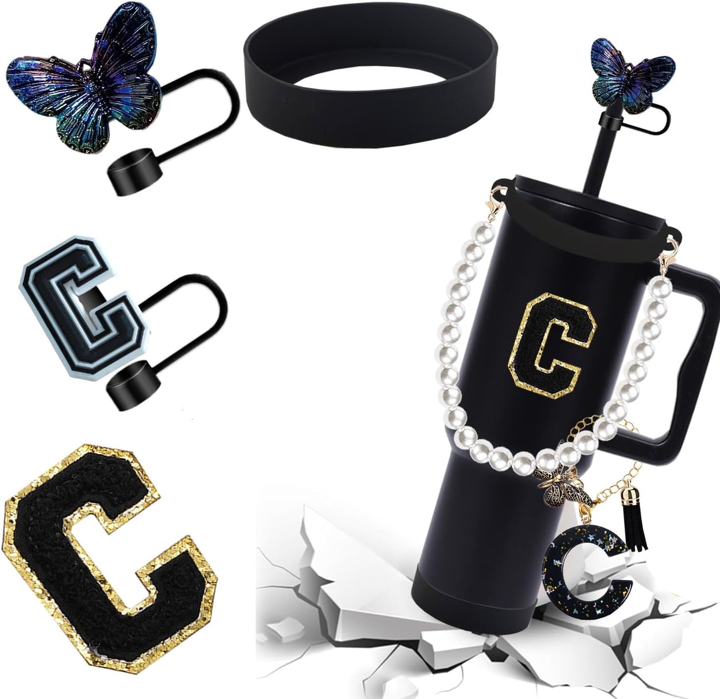 7pcs Cup Accessories for Stanley 30/40oz Tumbler, Handle Strap, Straw Cover, Silicone Boot, Letter Charm Stickers