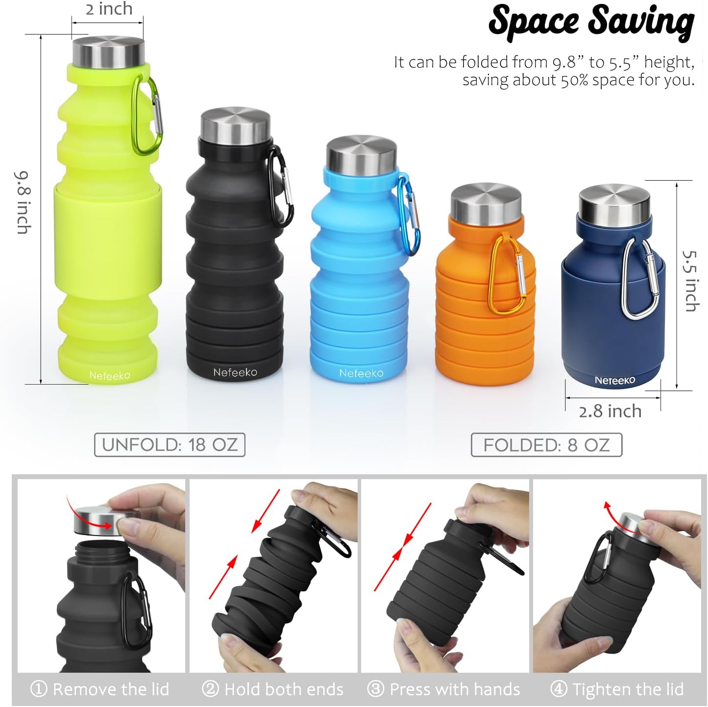 Nefeeko Collapsible Water Bottle, Reuseable BPA Free Silicone Foldable Water Bottles for Travel Gym Camping Hiking, Portable Leak Proof Sports Water Bottle with Carabiner