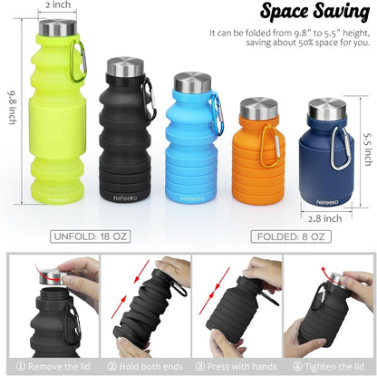 Nefeeko Collapsible Water Bottle, Reuseable BPA Free Silicone Foldable Water Bottles for Travel Gym Camping Hiking, Portable Leak Proof Sports Water Bottle with Carabiner