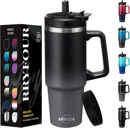 30 oz Tumbler with Handle and Straw - Keep Cold 36H & Hot 12H, Metal Coffee Cup with Lid (Straw & Flip Lid), 30oz Insulated Stainless Steel Thermal Mug, Leak-proof Travel Water Bottle