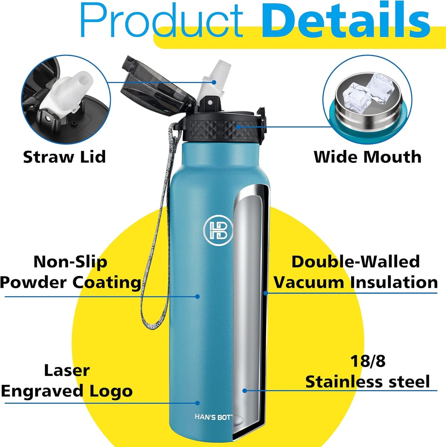 Han's Bottle Sports Water Bottle - 24 Oz, Straw Lid, Leak Proof, Vacuum Insulated Stainless Steel, Double Walled, Thermo Mug,Black