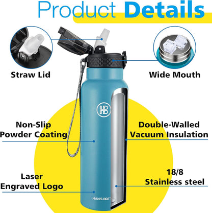Han's Bottle Sports Water Bottle - 24 Oz, Straw Lid, Leak Proof, Vacuum Insulated Stainless Steel, Double Walled, Thermo Mug,Black
