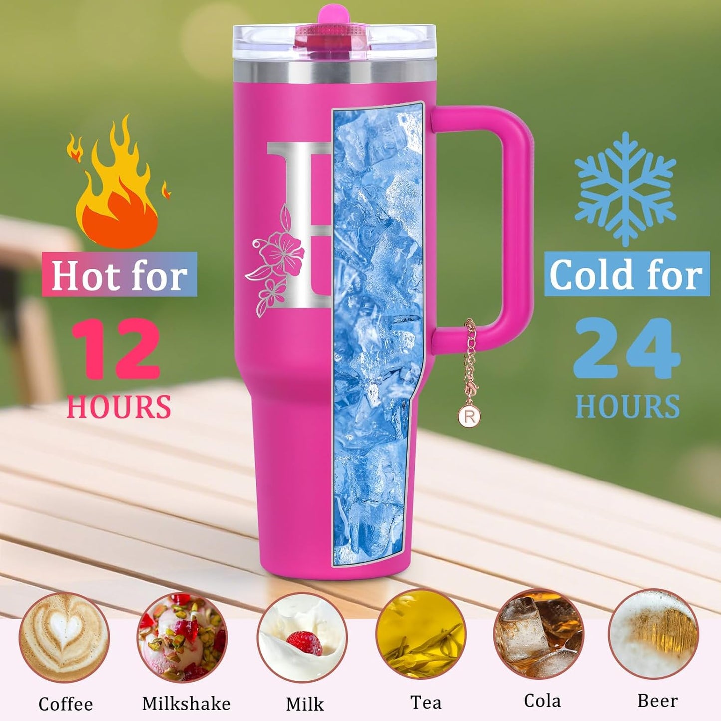 Personalized 40 oz Monogrammed Tumbler with Handle and Flip Straw Lid, 100% Leak Proof stainless steel Insulated Tumbler, Customized Initial Funny Gifts for Women Mom Sisters Coworker, A