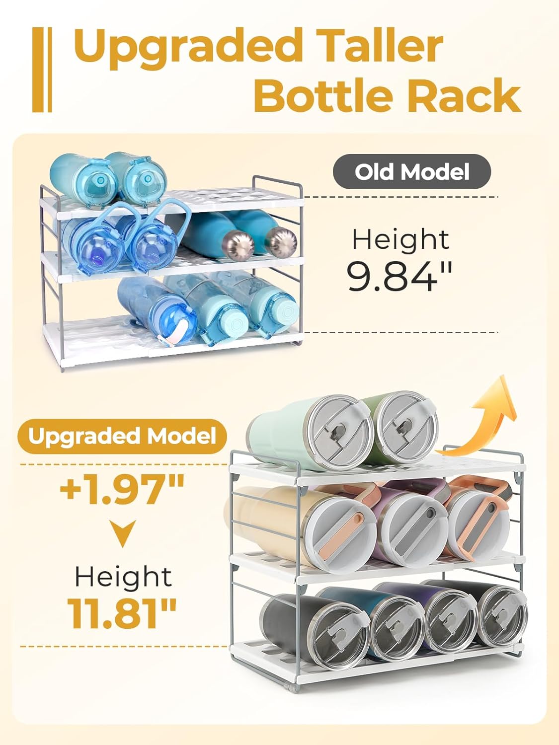 Cirhy Adjustable Water Bottle Organizer Holder for Cabinet, 3-Tier Expandable Water Bottle Storage Rack for Tumblers, Travel Mugs, and Cups – Kitchen Pantry Organization and Storage for Stanley Cups