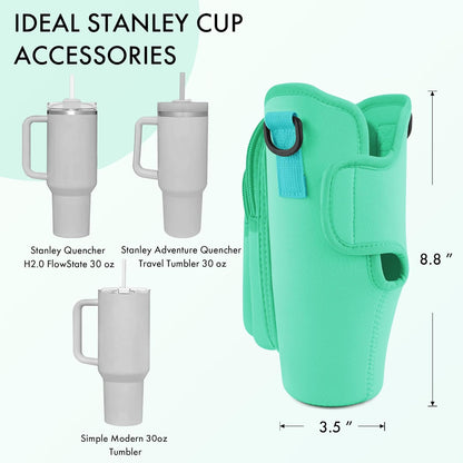 JEBEALUO Water Bottle Carrier Bag with Phone Pocket for Stanley Cup 40/30 oz, Water Bottle Holder with Adjustable Strap& Straw Cover, Stanley Cup Accessories