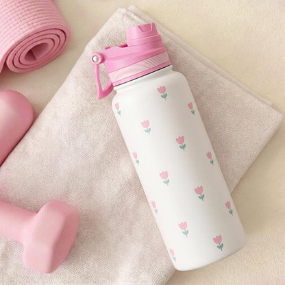SANDJEST Pickleball Stainless Steel Water Bottle with Strap 32oz, Insulated Bottles with Straw and Spout Lid for Gym Sports Travel Outdoor, Gifts for Women Girls Birthday Christmas