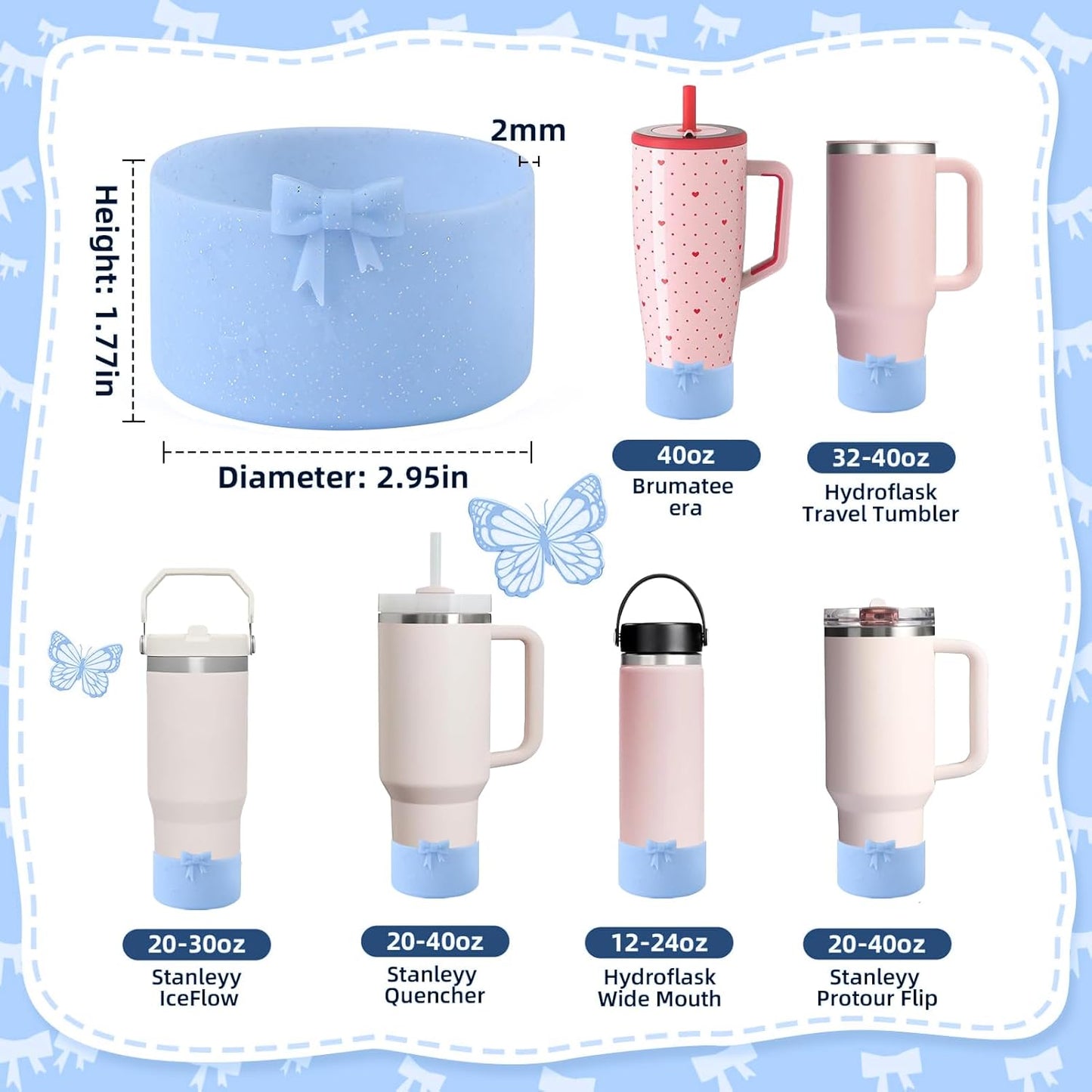 2PCS Bow Silicone Boot for Stanley Quencher Tumbler 30oz 40oz & IceFlow 20oz 30oz& Hydro Flask Water Bottle 12-24 oz Protective Bottom Sleeve Cover for Stanley Cup Accessories& Owala 24oz