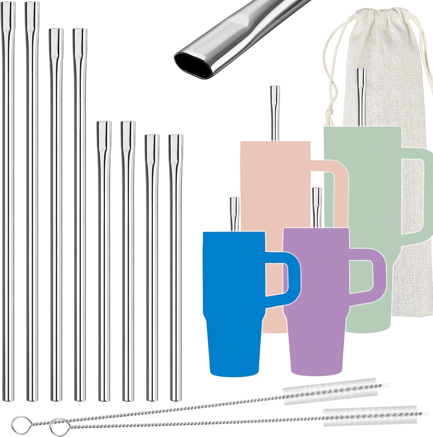 NiHome 8PCS Stainless Steel Straws Fit for Stanley 40oz 30oz 20oz 14oz Tumblers, 4 Lengths Reusable Drinking Straws with Cleaning Brushes and Pouch, 9mm Wide Straws for Boba, Smoothie, Dishwasher Safe