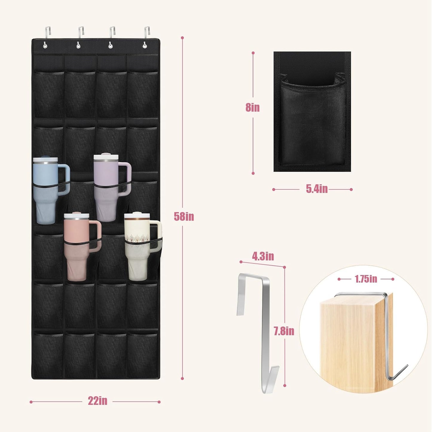 Stanley Cup Organizer - 24 Pocket Large Capacity Holder, Portable Foldable Hanging Bag for Cabinet, Wall, Door, RV - Kitchen Storage Accessories