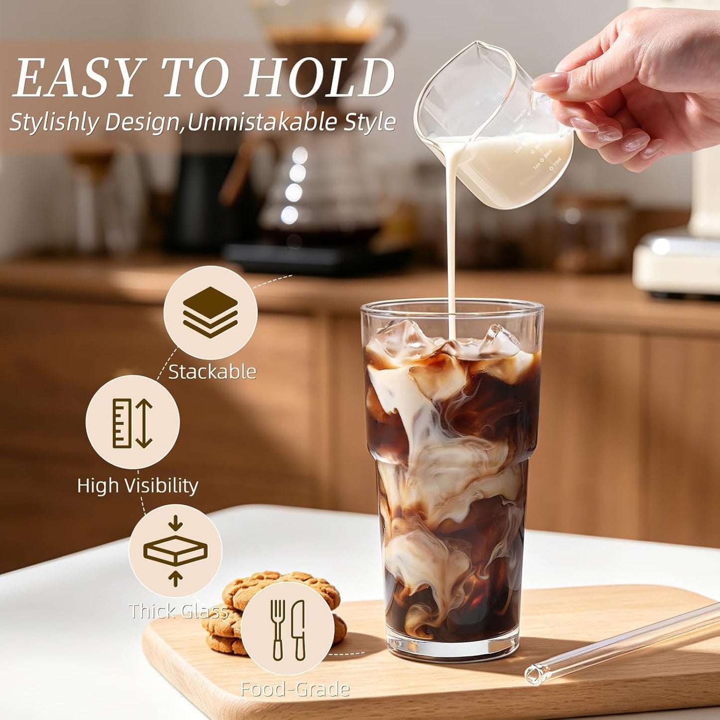 Iced Coffee Cups with Lids: Coffee Bar Accessories - Ribbed Glass Tumbler with Straw and Lid 4Pcs - 20oz Leak Proof Tumbler - Reusable Glass Cups and Tumblers with Lid and Straws for To Go Iced Coffee