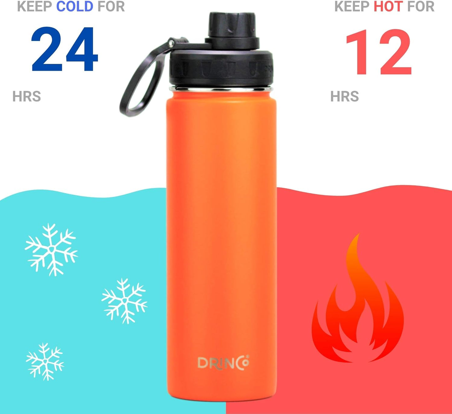 Drinco Stainless Steel Water Bottle Spout Lid Vacuum Insulated Double Wall Water Bottle Wide Mouth (40oz 32oz 22oz 18oz 14oz) Leak Proof Keep Cold Sport Camping Hiking (22 oz, 22oz Black)