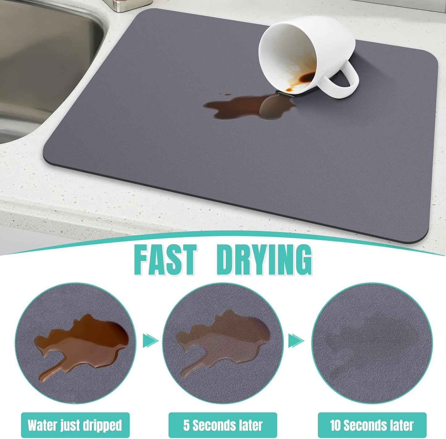 WISELIFE Coffee Mat Super Absorbent Dish Drying Mat Coffee Bar Accessories Match with Machine Large Drying Mats for Kitchen Counter 12" W x 19" L, Black