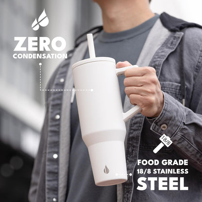 Elemental 32 oz 100% Leak Proof Tumbler with Handle & Straw - Stainless Steel Double Wall Insulated Tumbler for Hot and Cold Beverages - Travel Coffee Mug with Sip & Straw Lid - White - Colors A