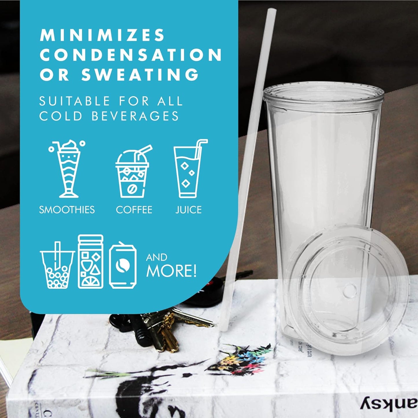 Simple Green Solutions - Acrylic Double Wall Reusable Cups with Lids and Straws for Cold Drinks, Insulated Plastic Tumblers with Lids and Straw, 20 oz Capacity, Clear