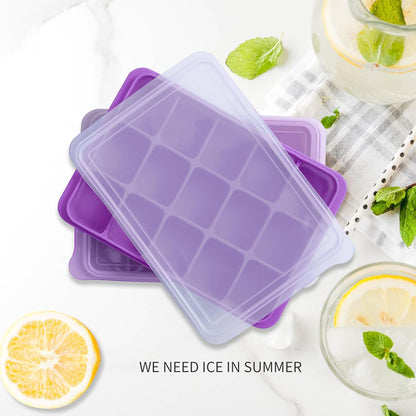 Ice Cube Trays Set of 2, Easy Release 15 Flexible Silicone Ice Cube Molds with Removable Lid Reusable Freezer Ice Trays Stackable for Whiskey, Baby Food, BPA Free (BAMBOO GREEN)