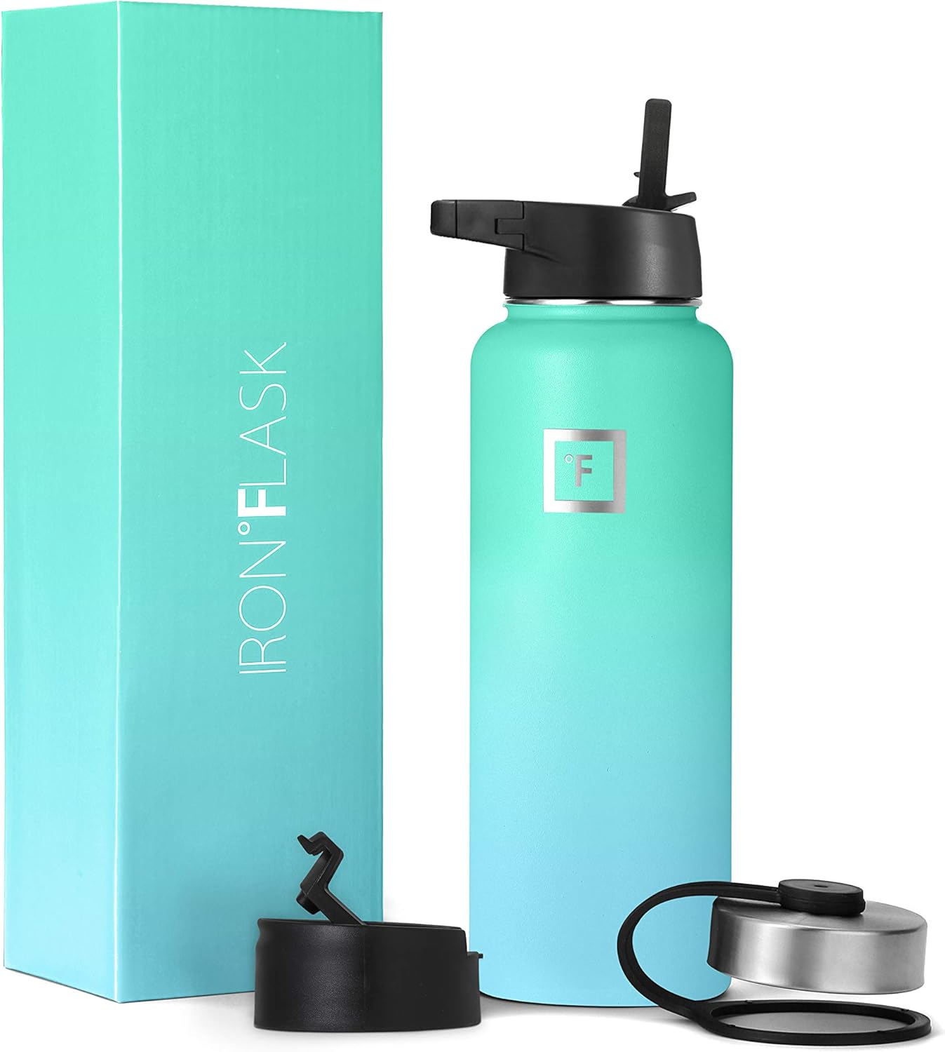 IRON °FLASK Camping & Hiking Hydration Flask with Straw, Wide Mouth Insulated Stainless Steel Sports Water Bottle - 40 oz Midnight Black