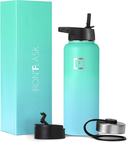 IRON °FLASK Camping & Hiking Hydration Flask with Straw, Wide Mouth Insulated Stainless Steel Sports Water Bottle - 40 oz Midnight Black