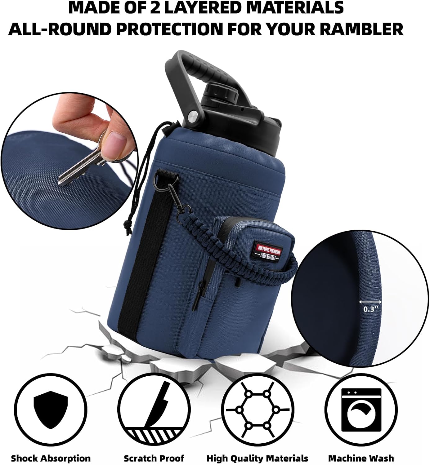 NATURE PIONEOR Water Bottle Holder with Adjustable Strap - Half/One Gallon (64/128oz) Insulated Water Bottle Sling Carrier with Phone Pocket & Paracord Handle, Outdoor Camping, Hiking, Gym