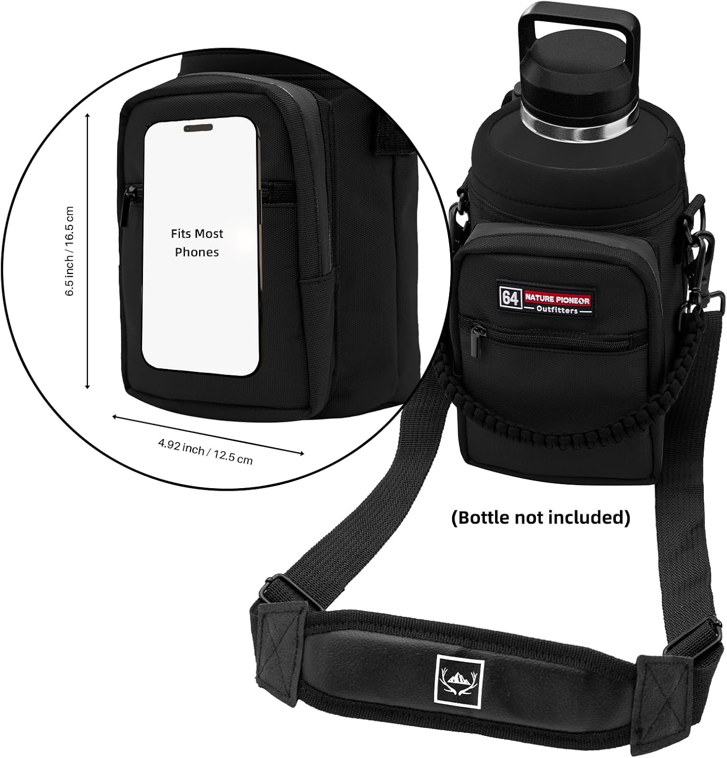 NATURE PIONEOR Water Bottle Holder with Adjustable Strap - Half/One Gallon (64/128oz) Insulated Water Bottle Sling Carrier with Phone Pocket & Paracord Handle, Outdoor Camping, Hiking, Gym
