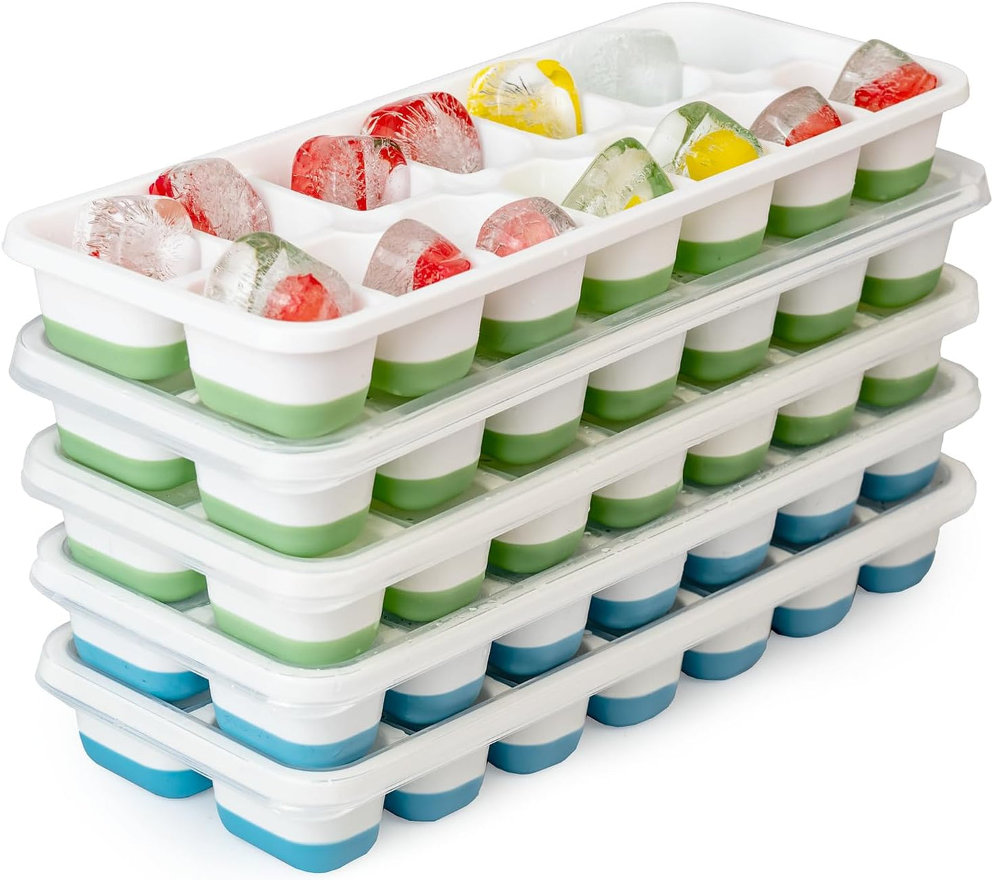 3 Pack Ice Cube Trays with Lid for Freezer, Flexible Silicone Bottom for Easy Release, Stackable Space-Saving Ice Molds, 1.2" Cubes Color-Coded (2 Green 1 Blue) for Juice, Coffee & Cocktails, BPA Free