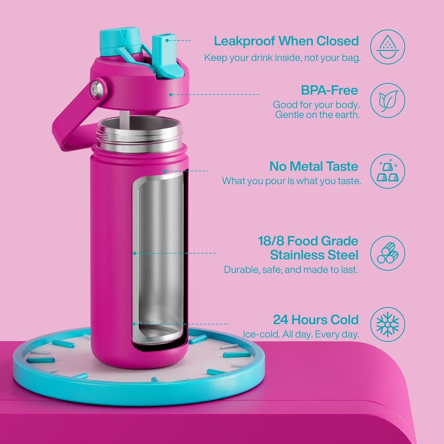 ENCOOL Insulated Water Bottle with Straw Stainless Steel Water Bottle, Leak-Proof, BPA-Free, Double Wall Vacuum Keeps Cold for 24 Hours for Sports, Travel, School (26 oz, Cotton Candy) - Colors C