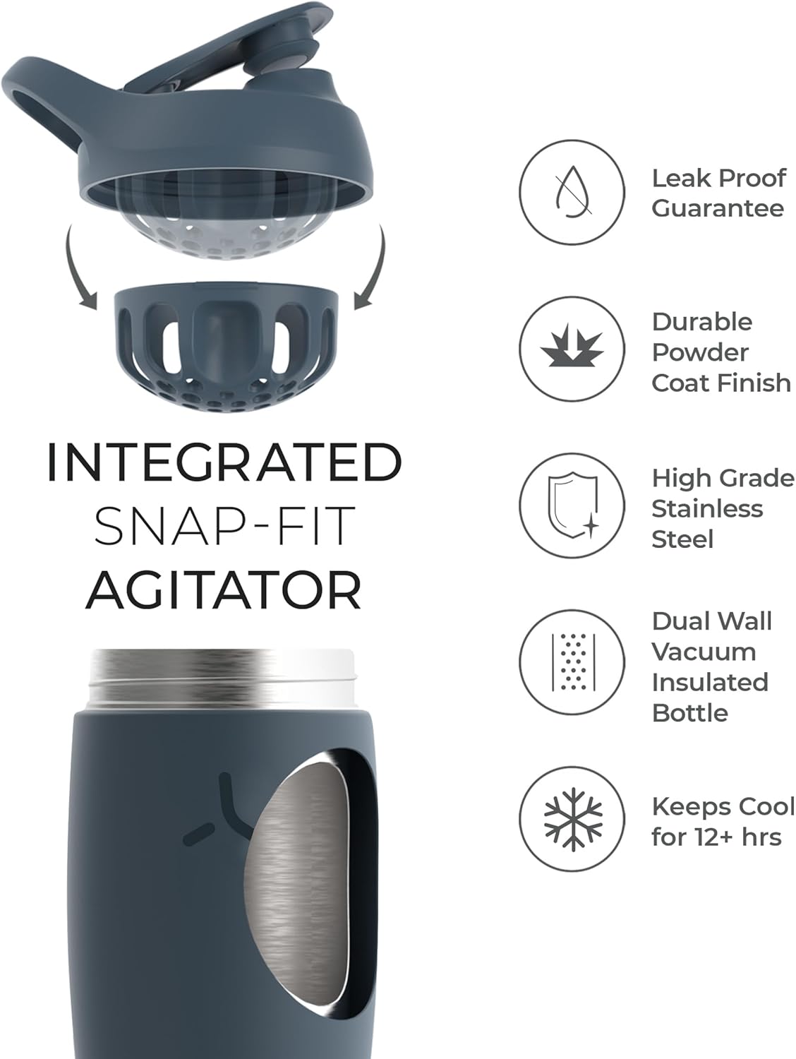 Promixx Pursuit Shaker Bottle - Insulated Stainless Steel Water Bottle and Shaker Cup - 18oz - Midnight Blue
