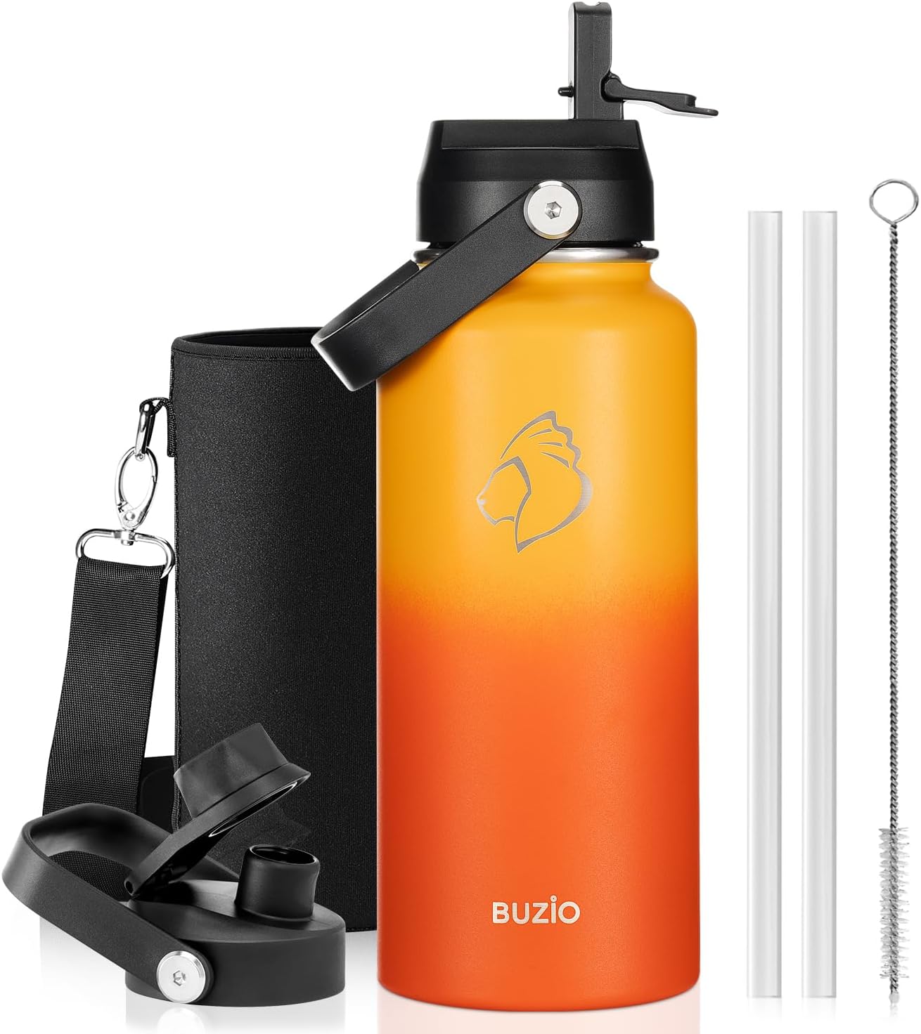 BUZIO 40oz Insulated Water Bottle, Triple Wall Vacuum Stainless Steel Water Flask with 2 lids, Lead-Free BPA-Free Straw Lid Sports Canteen Jug, Cold 48H & Hot 24H- Black - Colors A