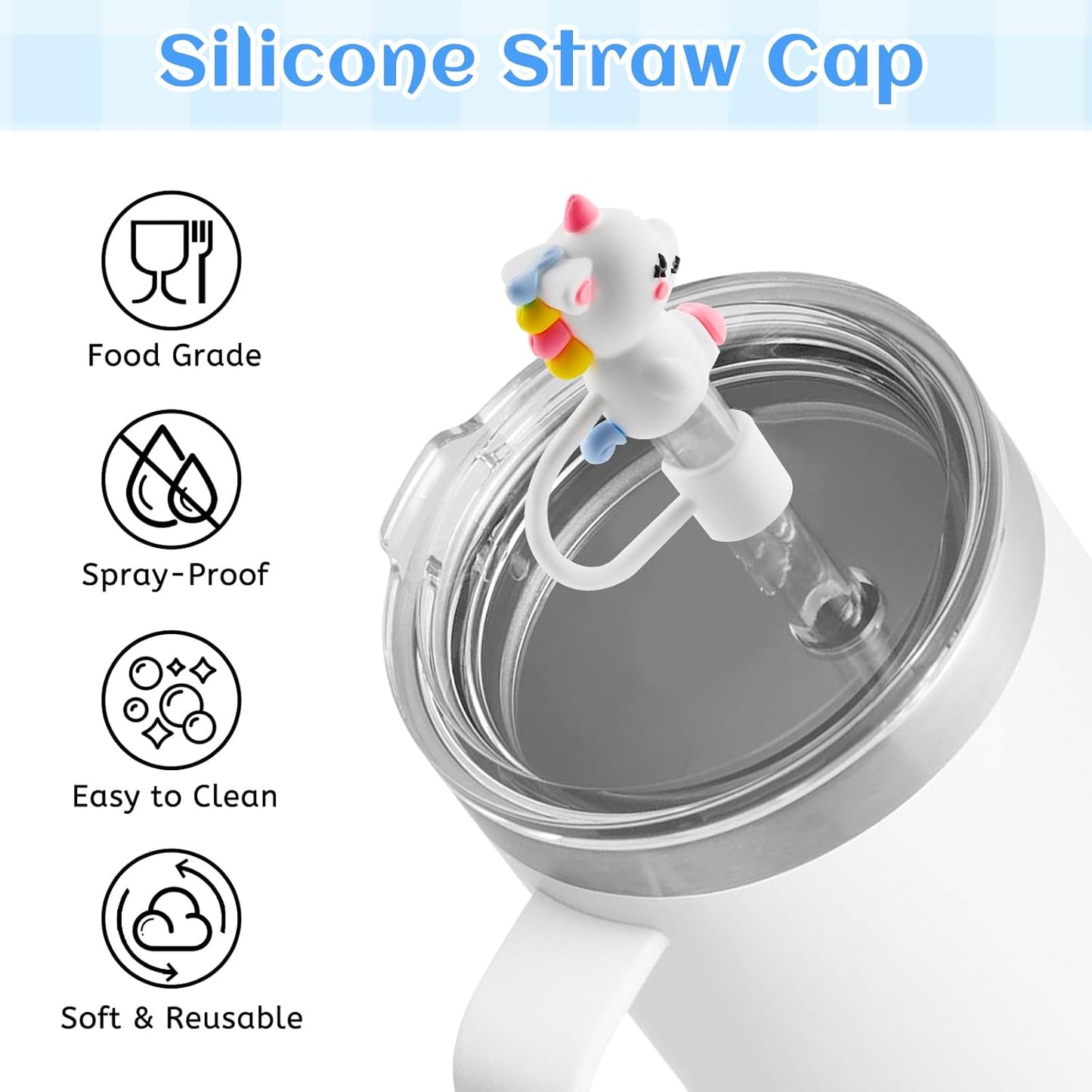 12 Pcs Silicone Straw Toppers for Stanley Cups, 3D Reusable Cute Animal Cover Caps Decoration for 40&30 oz Tumblers with DIA 10 mm Straws