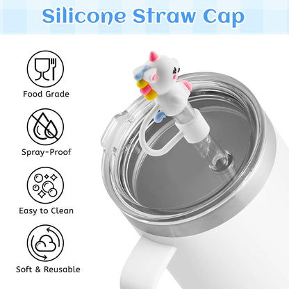 12 Pcs Silicone Straw Toppers for Stanley Cups, 3D Reusable Cute Animal Cover Caps Decoration for 40&30 oz Tumblers with DIA 10 mm Straws