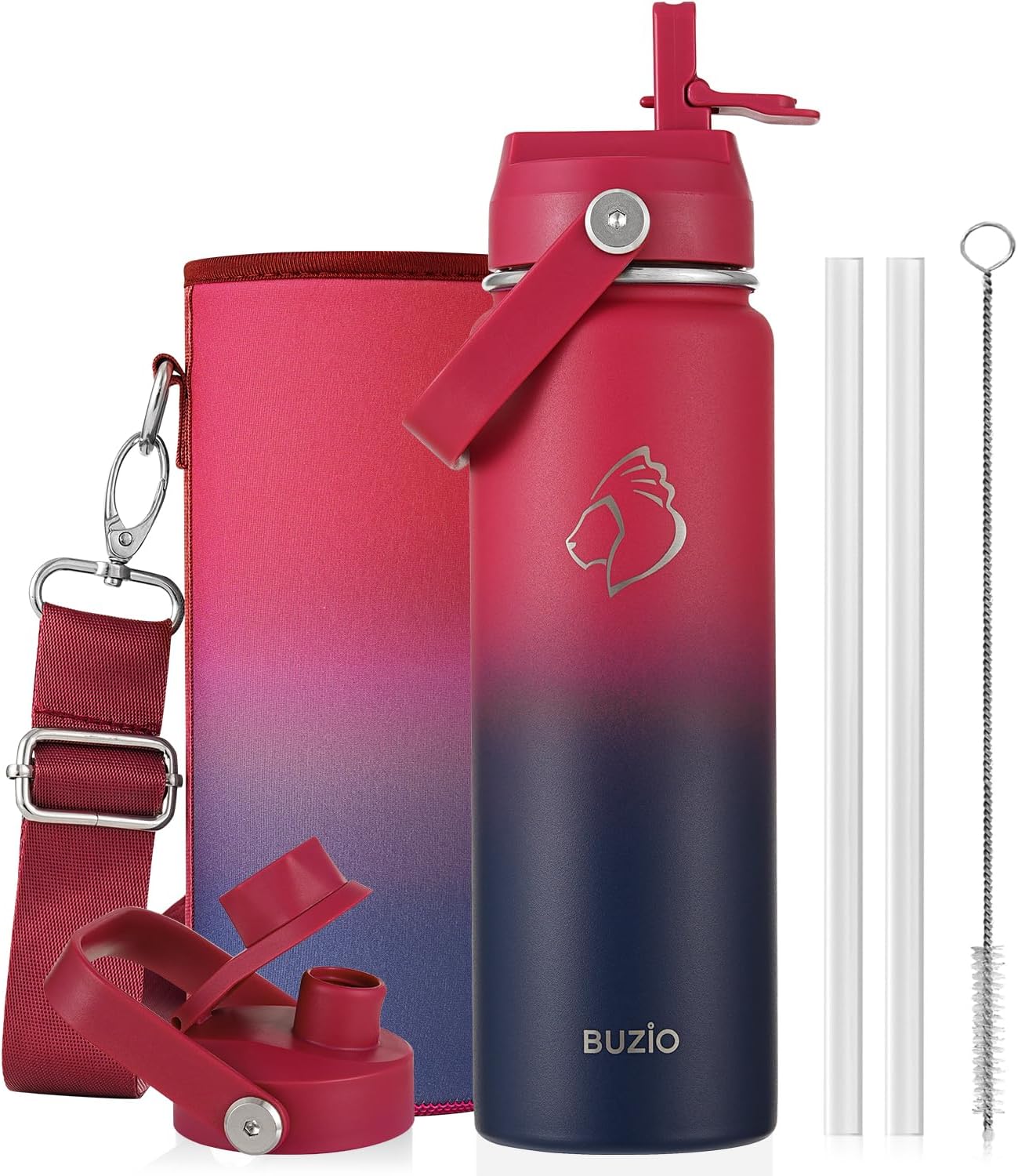 BUZIO 40oz Insulated Water Bottle, Triple Wall Vacuum Stainless Steel Water Flask with 2 lids, Lead-Free BPA-Free Straw Lid Sports Canteen Jug, Cold 48H & Hot 24H- Black - Colors B