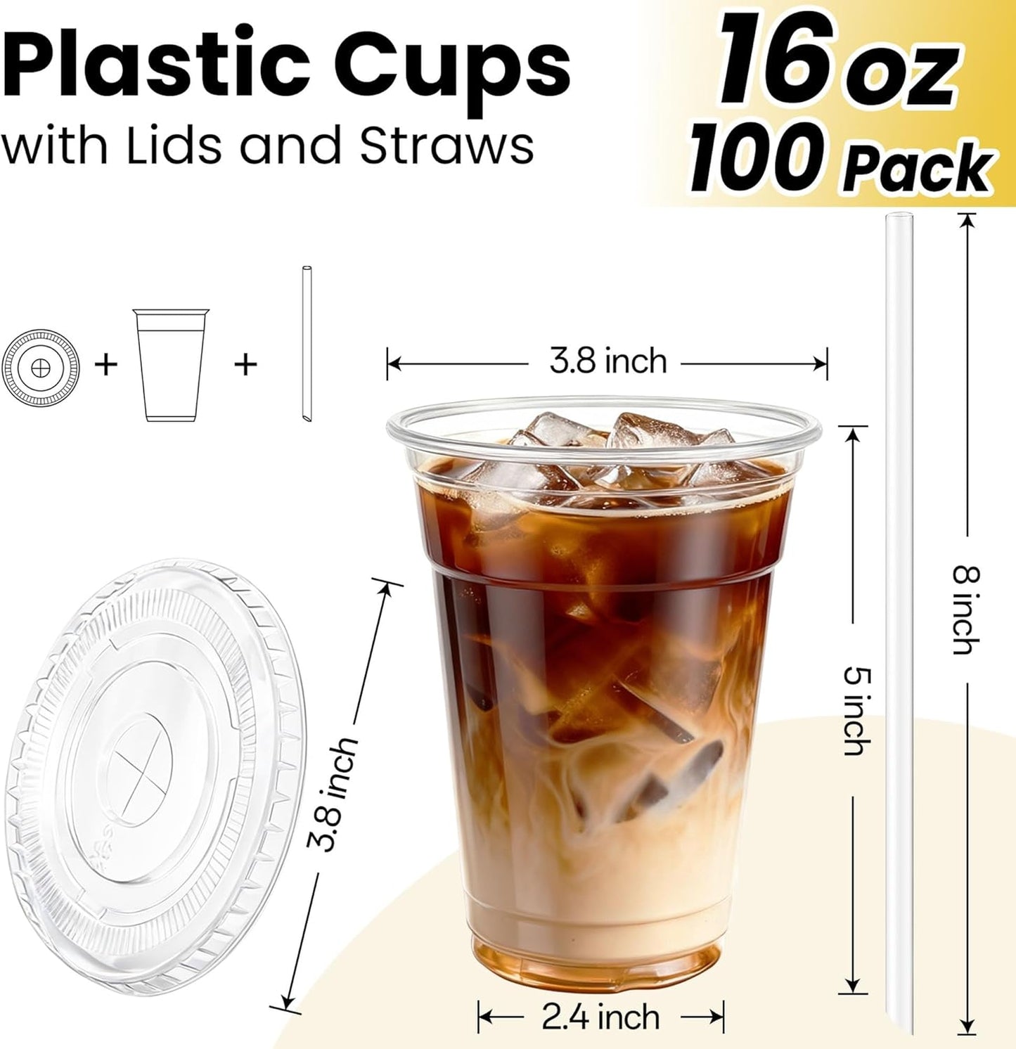 100 Pack 16 oz Plastic Cups with Lids and Straws, Clear Disposable Plastic Cups, Heavy Duty Iced Coffee Cups with Leak-Resistant Lids, Cold Drink Cups for Juice, Coffee and Milk Tea & Party To Go