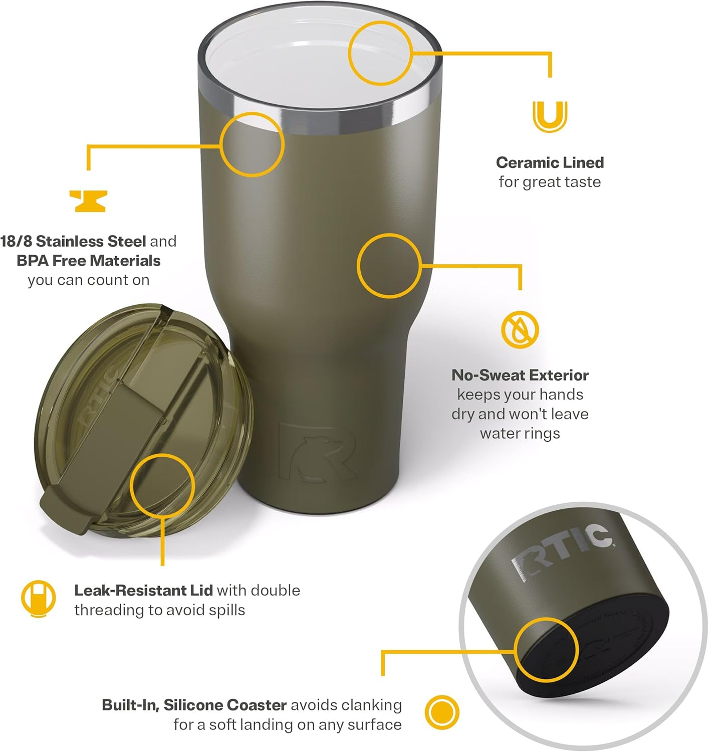 RTIC 20oz Essential Tumbler with Lid, Ceramic Lined, Insulated, Stainless Steel, Metal, Double Wall Vacuum-Insulation, Travel Cup for Iced Coffee, Tea, Hot and Cold Drink, Graphite