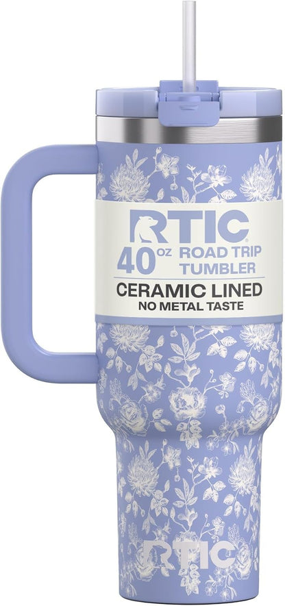 RTIC 30 oz Road Trip Tumbler Double-Walled Ceramic Lined InsulatedStainless Steel Portable Travel Coffee Mug Cup with Lid, Handle and Straw, Periwinkle Bouquet