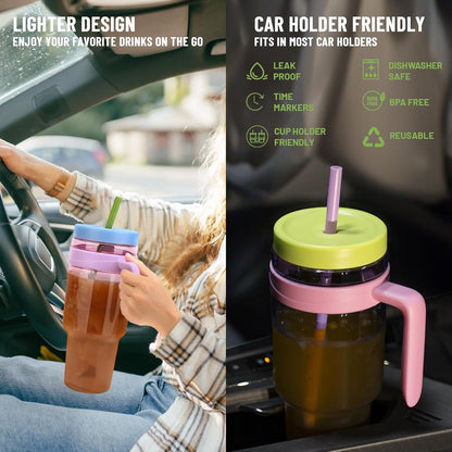 50 oz Tritan Plastic Tumbler with Lid and Straw | Leak-Proof BPA-Free Clear Tumbler with Time Marker | Reusable Travel Mug for Camping, Sports, Office, Road Trips, Parties | Wide Mouth