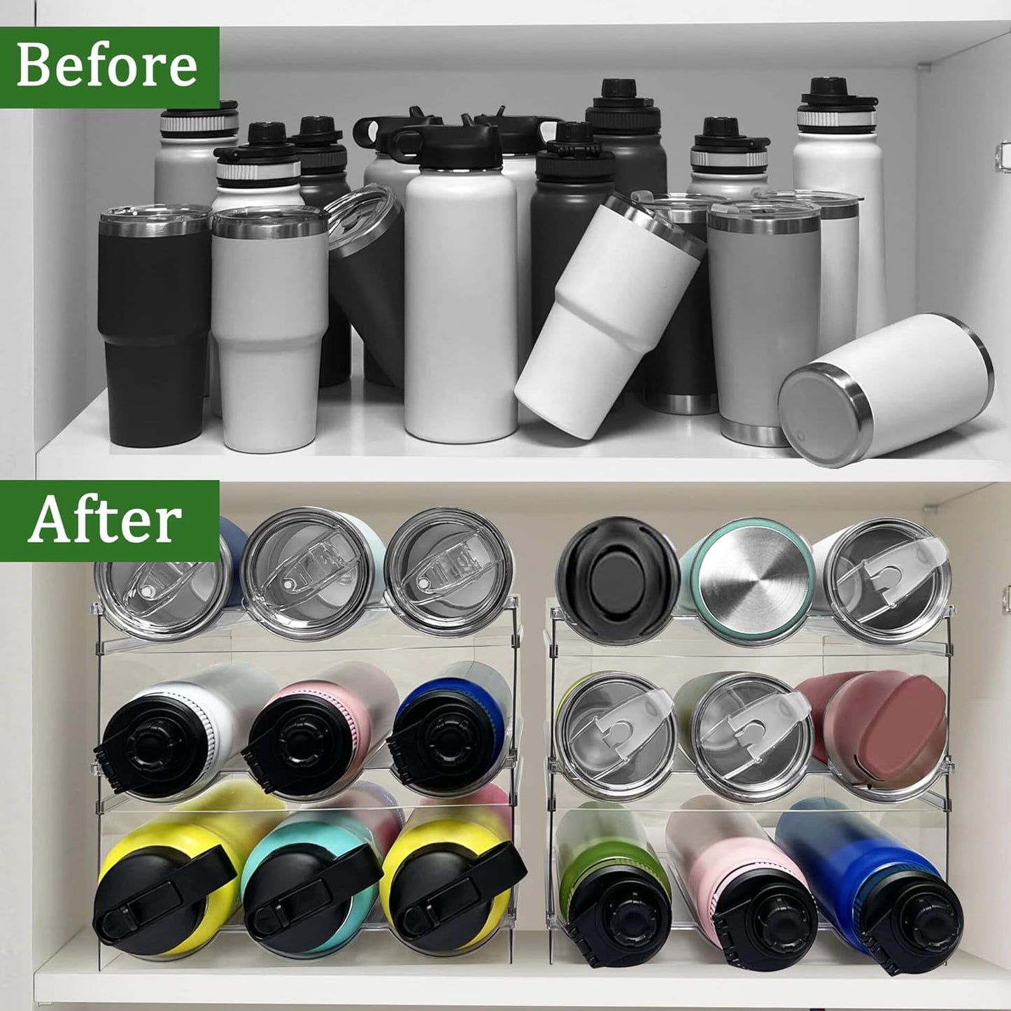 Spaclear 2 Pack Water Bottle Organizer, Stackable Kitchen Pantry Storage Shelf, Plastic Water Bottle Holder for Cabinet and Fridge Organization