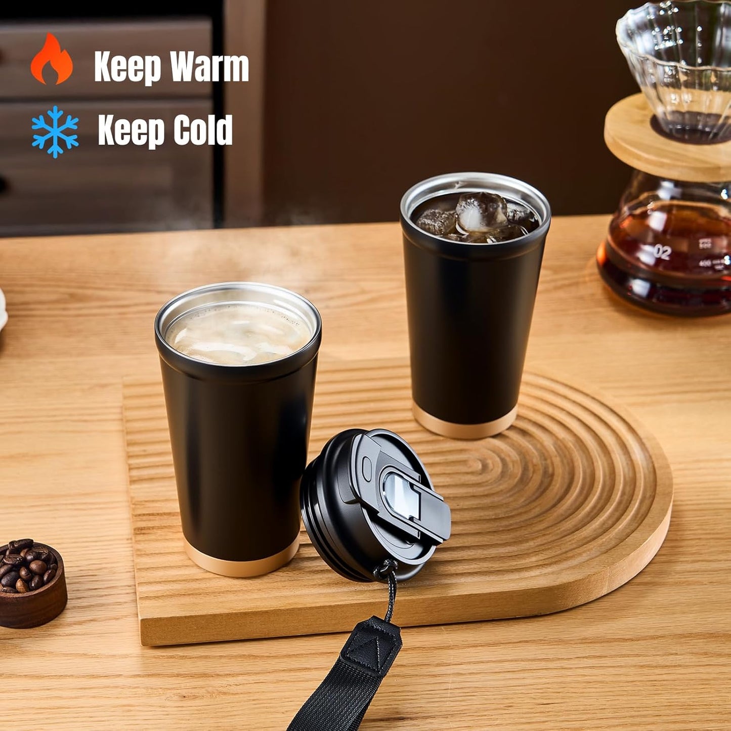 Insulated Travel Coffee Mug, 13oz Leakproof Coffee Tumblers With Strap & 2-In-1 Lids, Vacuum-Insulated Stainless Steel Reusable Coffee Cup For Hot & Cold Drinks(Black)