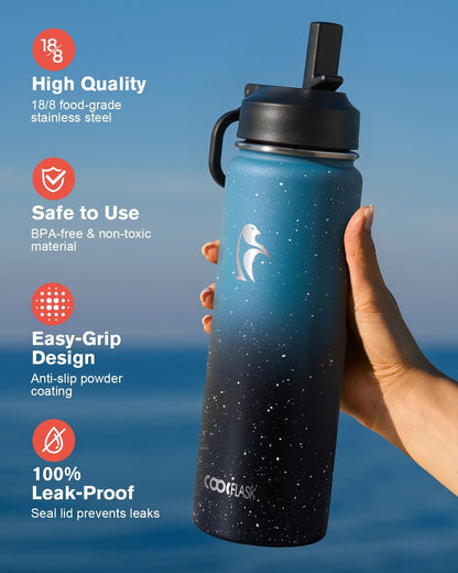 Half Gallon Water Bottle Insulated with Straw & 3 Lids, Coolflask 64 oz Water Jug Large Metal Stainless Steel Wide Mouth for Sports, Gym or Office, Non-BPA Keep Cold 48H Hot 24H, Samurai Cyan