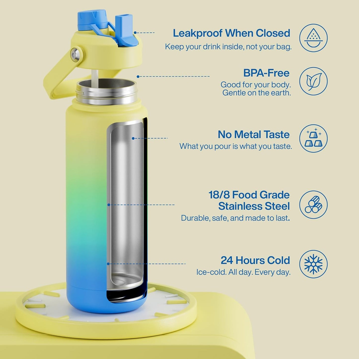 ENCOOL Insulated Water Bottle with Straw Stainless Steel Water Bottle, Leak-Proof, BPA-Free, Double Wall Vacuum Keeps Cold for 24 Hours for Sports, Travel, School (26 oz, Cotton Candy) - Colors B