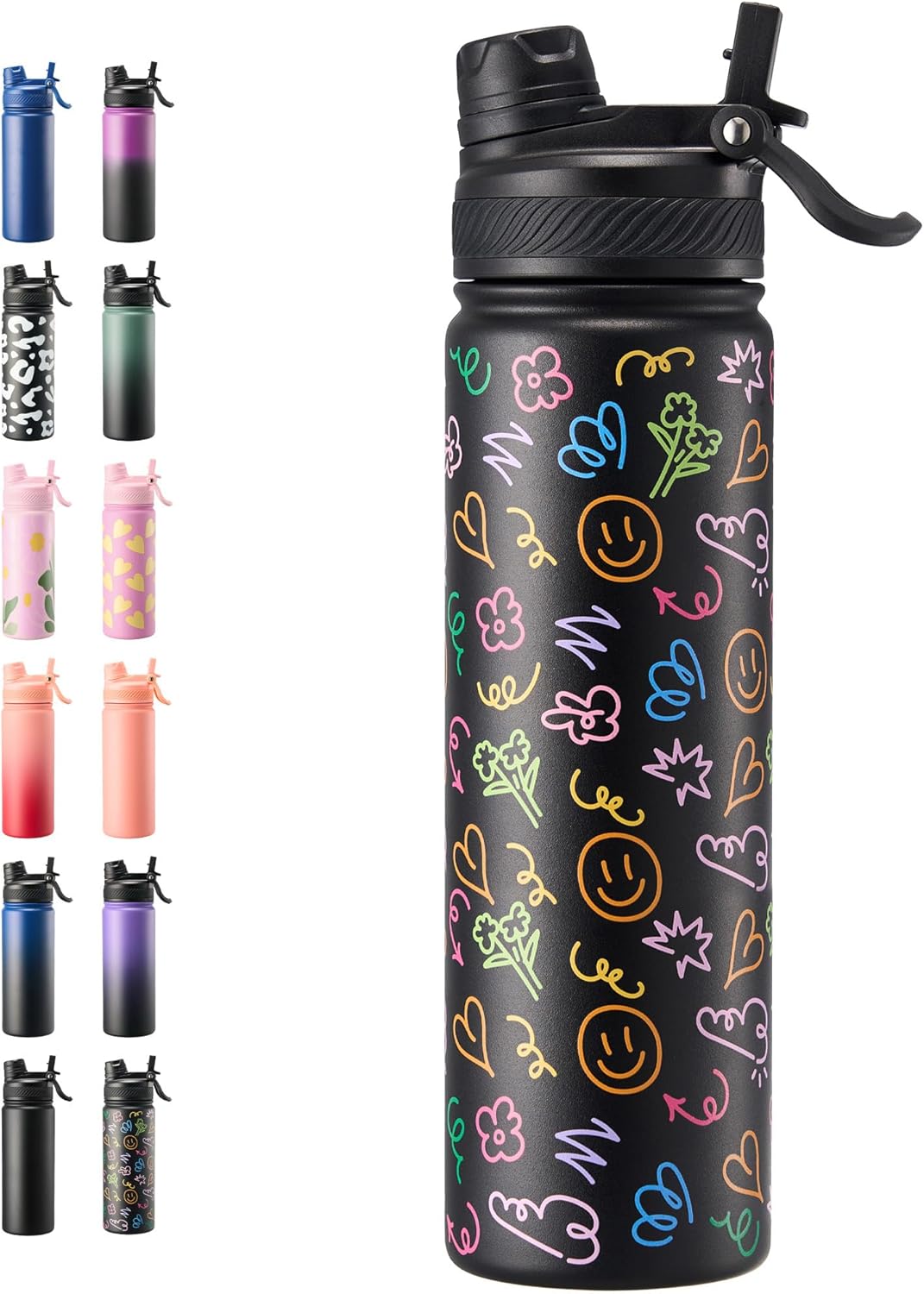 Fijinhom 18 oz Insulated Water Bottle, 2-in-1 Straw and Spout Lid Stainless Steel Thermos, Leak-Proof, Double Wall Vacuum Flask, Keep Cold 24H for Outdoor, Sports, Travel, School (Black)