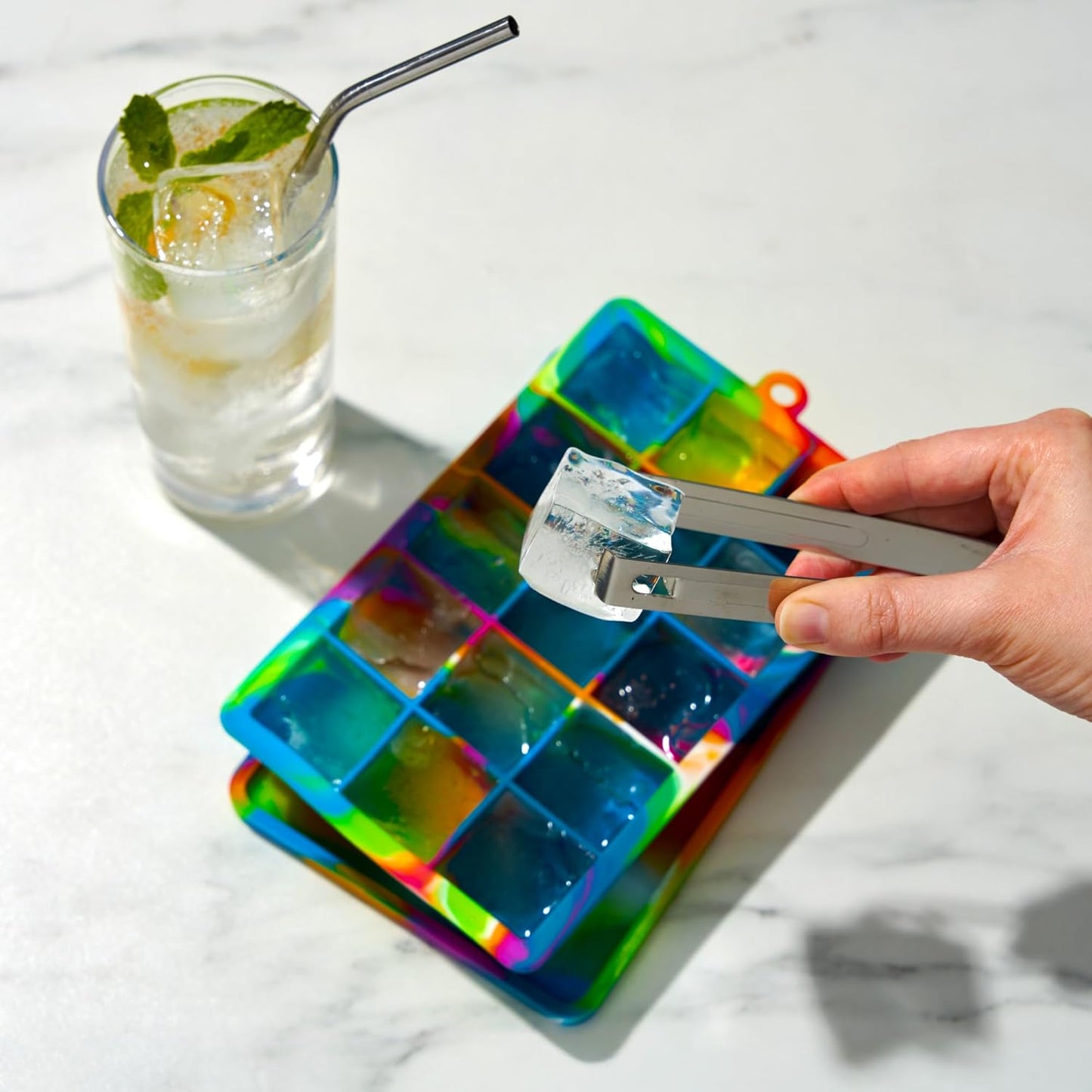 Host Ice Cube Tray, Makes Four 5-Inch Long Cubes, Durable Silicone Trays with Easy Release Design, Perfect for Water Bottles and Highball Glasses, Home Bar Accessories, Set of 1, Marble