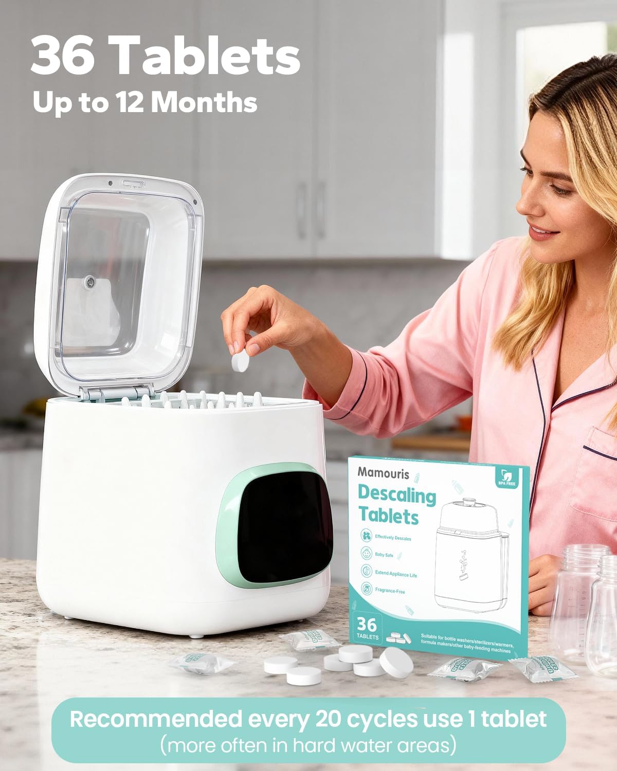 Descaling Tablets for Bottle Washer & Warmers: 36 Count Descaler Tablets Removes Limescale & Milk Residue, Citric Acid Cleaner Compatible with Momcozy Baby Brezza Grownsy Papablic Baby Bottle Washer